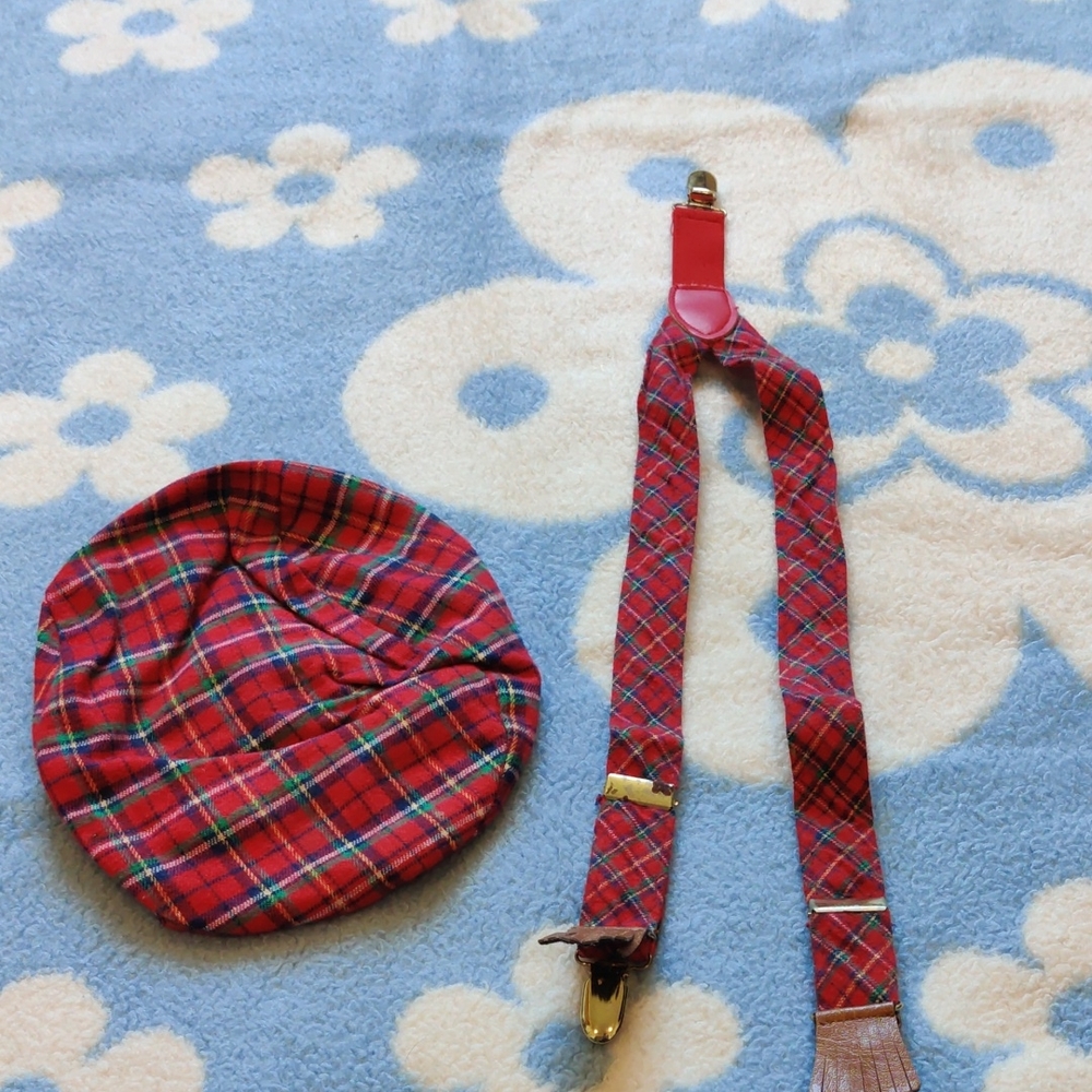 Plaid Beret and Suspender Set